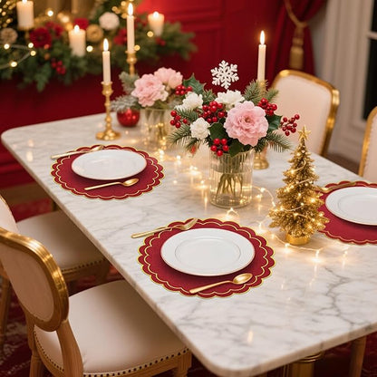 Set of 6 Christmas Round Placemats, 15 Inch Red Gold Christmas Cotton Linen Placemats with Scalloped Embroidery Edge Double Layered Washable Wrinkle Free Cloth Table Mats for Xmas Table Decor