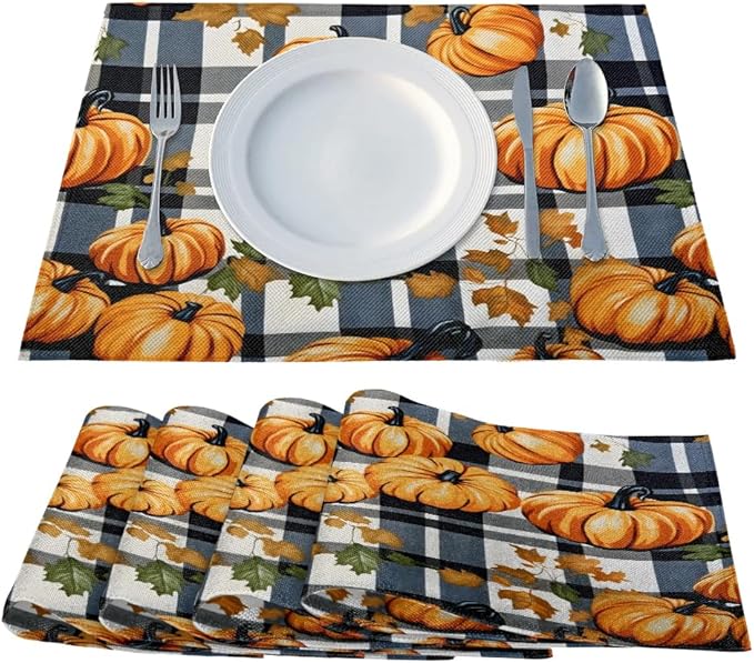 Halloween Pumpkin Placemats Set of 6, Washable Linen Place Mats, Black Buffalo Plaid Table Mats for Kitchen Dining Table Decor Heat Resistant Tablemats 12x18