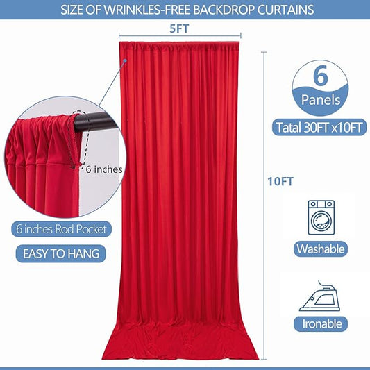 30x10ft Wrinkle Free Red Backdrop Curtain for Parties Soft Fabric Drapes Wedding Red Curtain Backdrop for Birthday Party Decorations Background for Photography 5x10ft, 6 Panels