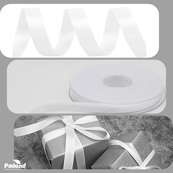 PMLAND White Fabric Satin Ribbon 3/8'' Inch x 27 Yards Double Faced Use for Crafts Gift Wrapping Floral Bouquets Ornaments Hair Bows Party Decoration