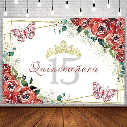 SENDY 8x6ft Quinceañera Backdrop Mis Quince 15 Anos Birthday Party Decorations Supplies for Girl Princess Red Floral Flowers Butterfly Gold Crown Photography Background Banner Photo Booth Studio Props