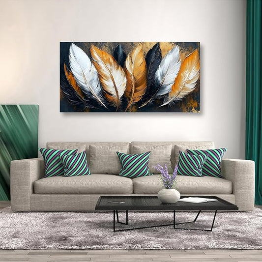 Abstraction Pictures Canvas Wall Art for Living room Office Bedroom Wall Decor,Feather Wall Art Print Paintings Modern Autumn White Yellow Feather Artwork Waterproof Ready to Hang-20x40inch