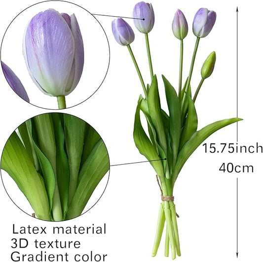 15pcs Artificial Tulips Flowers, Real Touch Latex Bouquet, Fake Tulips for Office Wedding Party Home Kitchen Garden Decoration-B Lavender