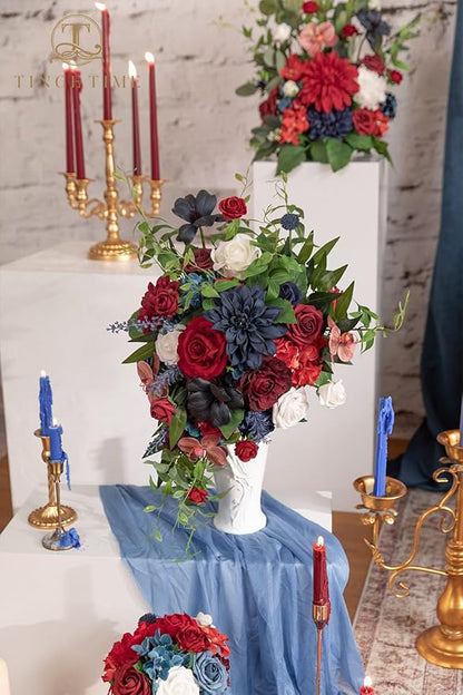 TINGE TIME 17 Inch Artificial Bridal Bouquet - Red and NavyBlue, Realistic Silk Wedding Bouquet, Durable Fake Flowers for Brides, Bridesmaids, Home Decor, and Events
