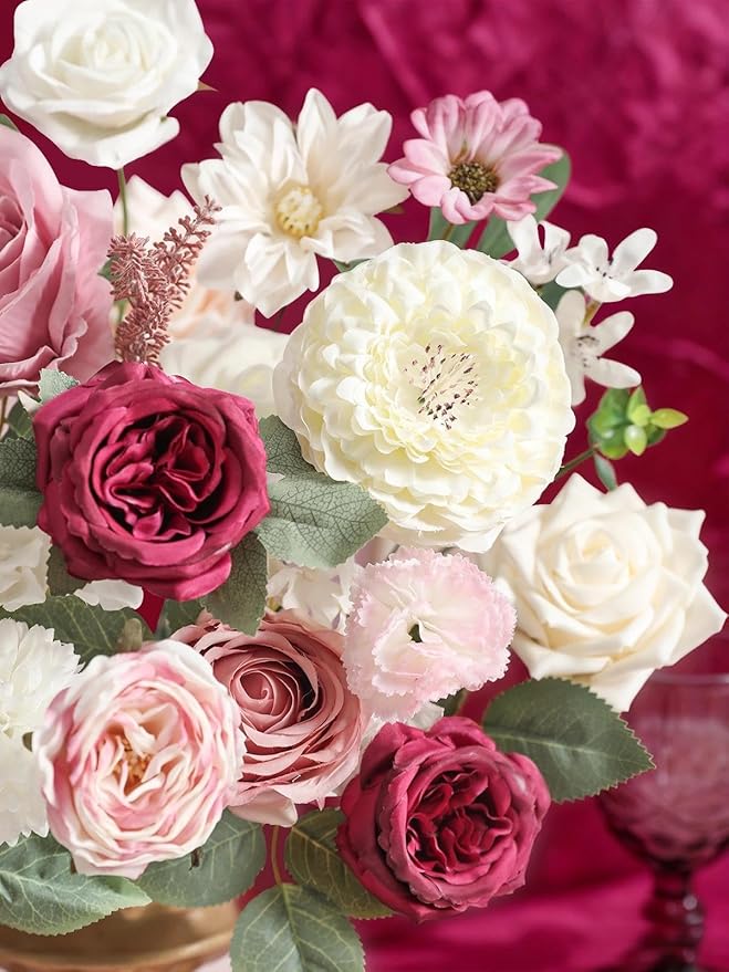 Artificial Flowers Combo Box Set White Pink Fake Roses Silk Flowers with Stems for DIY Wedding Bridal Bouquets,Floral Arrangement,Table Centerpieces,Baby Shower,Home Decorations