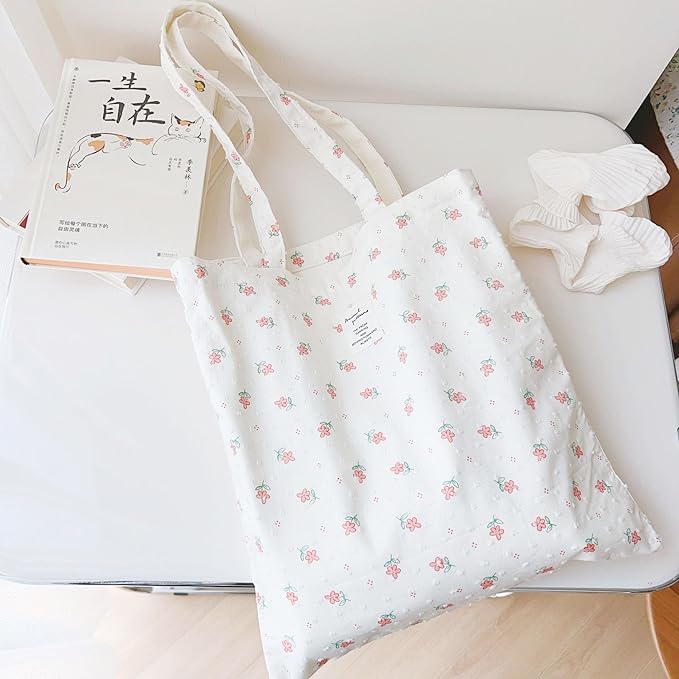 Cotton Canvas Tote Bag Reusable Soft Grocery Cloth Bag Floral Shoulder Bag for Beach Travel Shopping