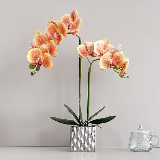Artificial Orchids Silver Vases Orchids Artificial Flowers Orange Orchid Height 20 inches