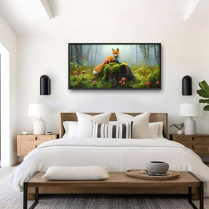 Forest Fox Large Wall Art Framed Rustic Wall Decor for Living Room Fox Mushroom Pictures Oversized Canvas Print Painting Modern Extra Large Framed Artwork for Bedroom Office 60"x30"