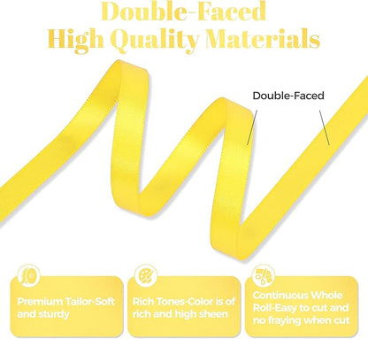 Daffodil Yellow Satin Ribbon, Double Faced 3/8 Inch X 25 Yards Daffodil Ribbon, Premium Satin Ribbon for Gift Wrapping, Crafts, Hair Bow Making, Sewing, Flower Bouquet, Wedding Party Decor
