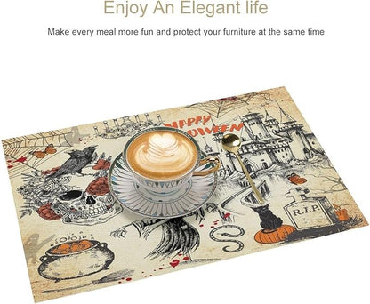 Halloween Placemats Vintage Rustic Farmhouse Gothic Dark Castle Halloween Witch Pumpkin Black Cat Raven Skull Moths Placemats Table Kitchen Dining Party 12x18 Inch Set of 6