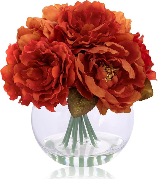 Artificial Flowers in Vase, Silk Peonies Flowers for Vase with Faux Water, Burnt Orange Fake Flower Arrangement for Fall Winter Dinning Wedding Christmas Party Table Centerpieces Decor & Mom's Gift