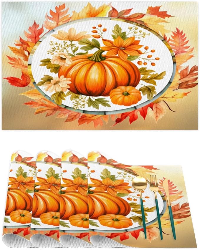 Fall Autumn Flower Pumpkin Placemats Set of 6 PVC Vinyl Non Slip Table Mats Heat Resistant Place Mats Washable Wipeable Dining Table Mat for Kitchen Decor Party Indoor Outdoor Decorative Gift