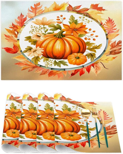 Fall Autumn Flower Pumpkin Placemats Set of 1 PVC Vinyl Non Slip Table Mats Heat Resistant Place Mats Washable Wipeable Dining Table Mat for Kitchen Decor Party Indoor Outdoor Decorative Gift