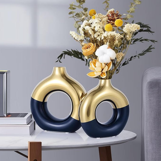 Blue and Gold Vase Decor Donut Vase Set of 2 - Circle Hollow Vases, Modern Matte Ceramic Vases for Entryway Living Room Bedroom Dining Table Centerpiece Office Home Decor