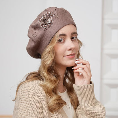 Flower Embroidery Beret Hat for Women, French Style Knitted Beret Hats, Stylish Solid Color Beret Cap for Women Girls Lady