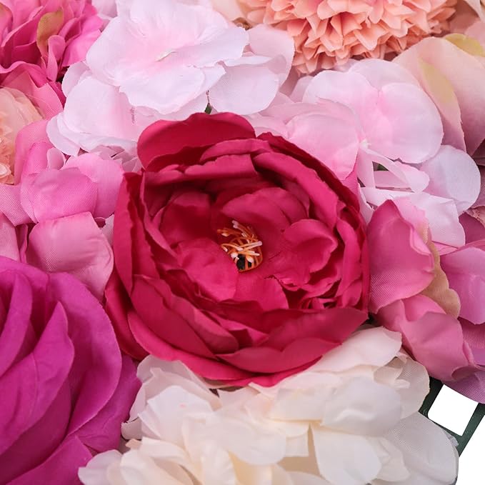 6 Pcs Flower Wall Panels, 23.6"x15.7" Artificial Flower Wall Backdrop Fuchsia Floral Panel with 3D Rose, Dahlia, Peony, Chrysanthemum for Wedding Party Nursery Home Decor