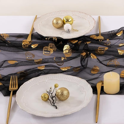 Socomi Gold Table Runner Fall Pumpkin Gauze Sheer Chiffon Cheesecloth Sequin 10FT Glitter Metallic Foil Dining Wedding Birthday Party Baby Shower Holiday Centerpiece Table Decor Black