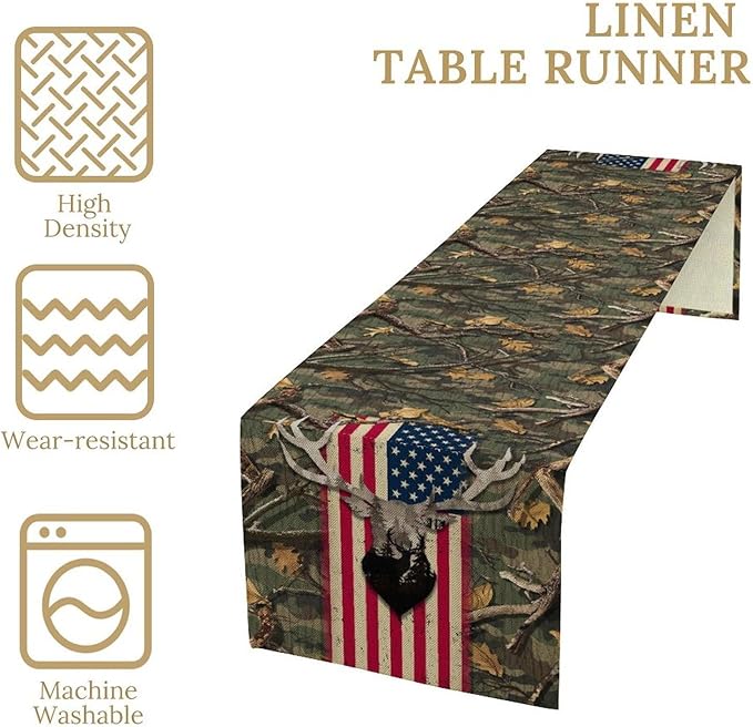 Rustic Forest Table Runner, Farmhouse Deer Retro Fall Leaves Wooden Branch Wild Seasonal Harvest Coffee Table Center Decor for Home Kitchen Dining Patio Holiday Party Table Decorations 13x36 inches