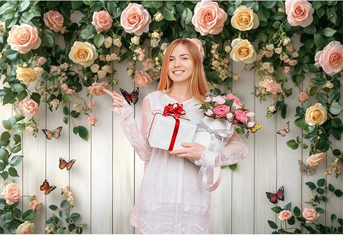 Baocicco 20x10ft Wooden Flower Backdrops for Photography Spring Botanical Green Leaf Butterfly Farmhouse Background for Engagement Bridal Shower Baby Shower Birthday Wedding Party Decoration Supplies