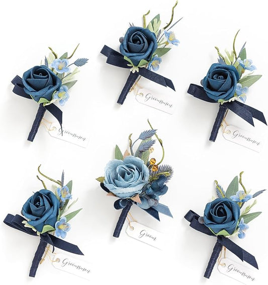 Ling's moment Boutonniere for Men, 6pcs Groom Groomsmen Boutonniere, Artificial Flowers for Wedding Decor/Prom/Homecoming, etc.Blue