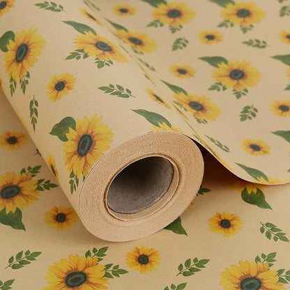Aimyoo Sunflower Kraft Wrapping Paper Roll - Mini Roll - 17 in x 32.8 ft - All Occasion Floral Gift Wrap Paper for Wedding Bridal Shower Birthday