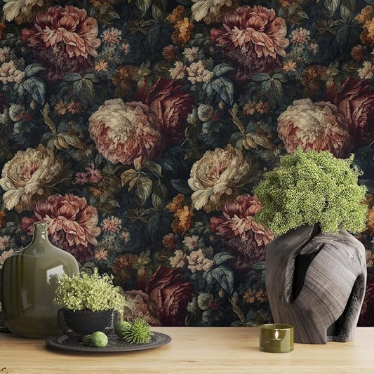 Dark Black Pink White Plum Floral Peony Flowers Peel and Stick Wallpaper Easy Peel Off Contact Paper Stick on Adhesive Wall Paper for Bathroom Waterproof Renter Friendly