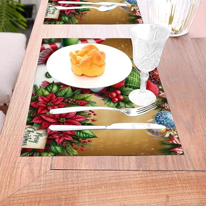 PVC Placemats Set of 1 Wipeable Table Mats Washable Heat Resistant Non Slip Vinyl Dining Table Mat for Kitchen Indoor Outdoor Patio Farmhouse Place Mats Christmas Ball Poinsettia Snowman Decorative