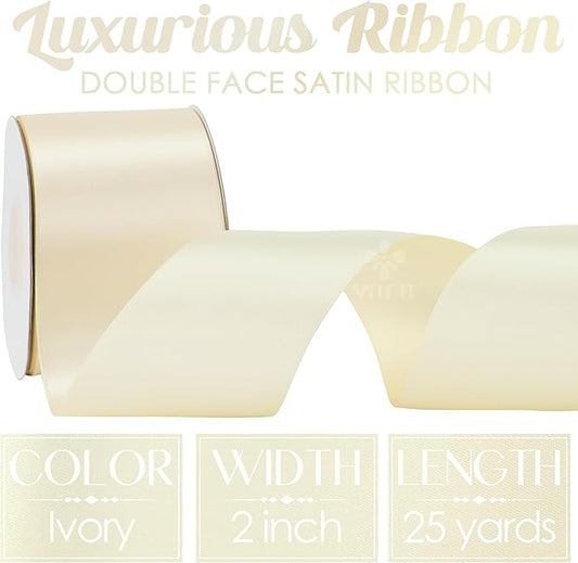 MEEDEE 2 Inch Ivory Satin Ribbon Lux Double Faced Ribbon by 25 Yards Ivory Silk Ribbons Beige Satin Ribbons for Gift Wrapping, Weddings, Flower Bouquet, Holiday Decorating