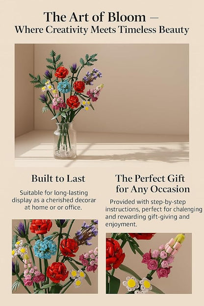 1000 Pcs Flower Bouquet Building Kit,Artificial Flower Bouquet Kit for Adults, Botanical Collection Home Decor, for Women and Girls,Anniversaries and Christmas Ideal Gift
