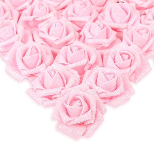 IPOPU Artificial Roses,25pcs Pink Roses Artificial Flowers Glitter Flowers Foam Rose with Stem for DIY Wedding Bridal Bouquet Home Party Decoration(Pink)