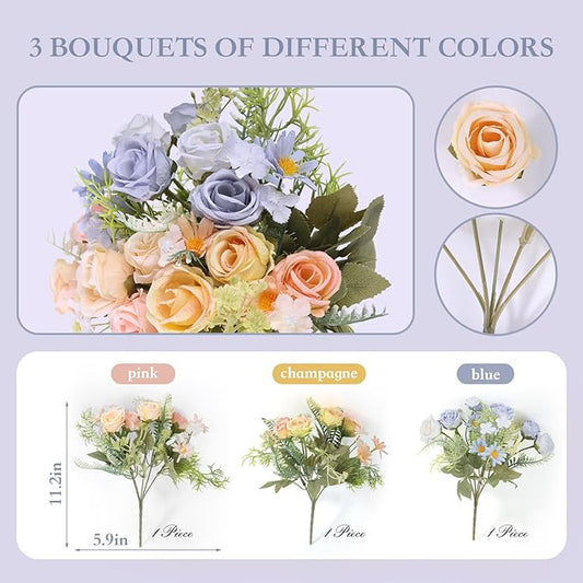 Artificial Flowers Bouquets 3 Bunches Fake Flowers Bride Holding Flowers Faux Floral for Home Wedding Spring Decor