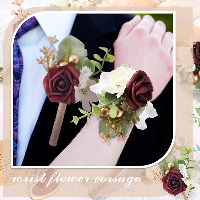 12 Pcs Wedding Wrist Corsage and Boutonniere Set Rose Wrist Corsage for Prom Boutonniere for Men Wedding Flowers Accessories Prom Suit Decorations for Wedding Ceremony Anniversary (Red)