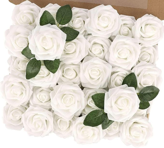 MACTING White Artificial Flower Roses 30PCS Fake Flowers with Stem Real Touch Foam Roses for DIY Wedding Bouquet Arrangements Table Centerpieces Party Bridal Shower Home Spring Valentines Day Decor