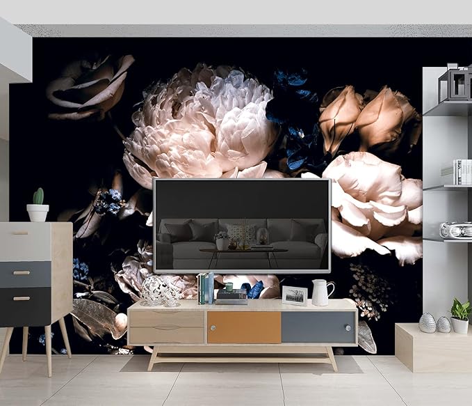 Black Peony Floral Wallpaper Bedroom Pink Botanical Flowers Leaf murals Living Room tv Background Large Wall Mural Aesthetic Room Decor - 137"x96" Not Peel and Stick