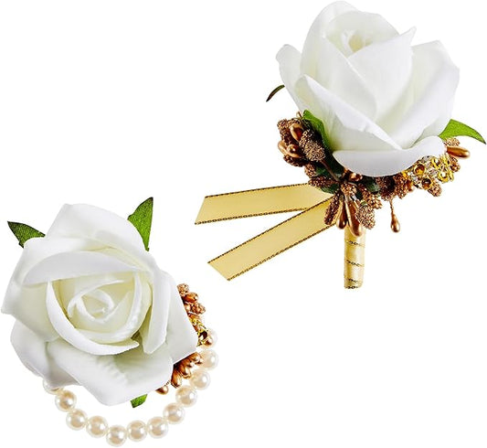 SITUMEIZI 2Pcs Corsage and Boutonniere Set Corsage Wristlet for Prom Decor Boutonniere for Men Wedding Flowers Accessories Party Suit Decoration(Platinum)