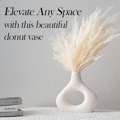 White Ceramic Vase Set of 2 for Modern Home Decor, Round Matte Donut Vases for Pampas Grass, Neutral Boho Nordic Minimalism Style Flower Vases for Living Room Wedding Table Party Office Bedroom