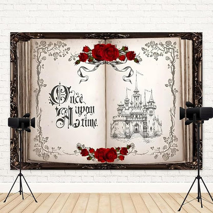 8x6ft Once Upon a Time Backdrop Princess Castle Wedding Party Photography Background Fairytale Book Romantic Story Red Roses Bridal Shower Decorations Birthday Portrait Photo Booth Prop
