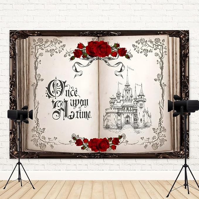 10x6.5ft Once Upon a Time Backdrop Princess Castle Wedding Party Photography Background Fairytale Book Romantic Story Red Roses Bridal Shower Decorations Birthday Portrait Photo Booth Prop