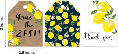 Pro Supply Global 24 Count of 2.5 Inch x 3 Inch Pre Strung Lemons Gift Tag Assorted Printed Designs on Large Cardstock Gift Hang Tags - Ideal to Use on Bags