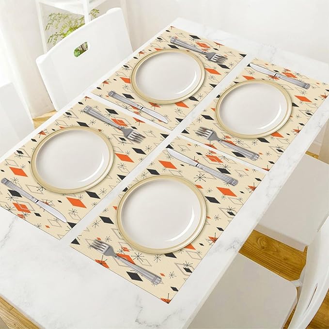 Mid Century Modern Placemats Set of 4,Kitchen Table Mats for Dining Outdoor Home Decor 12x18 Retro Place Mats 4 PCS, Style-16