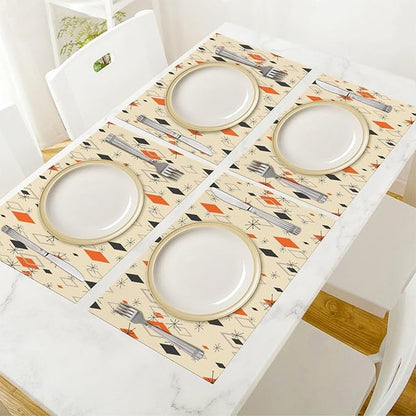 Mid Century Modern Placemats Set of 4,Kitchen Table Mats for Dining Outdoor Home Decor 12x18 Retro Place Mats 4 PCS, Style-16