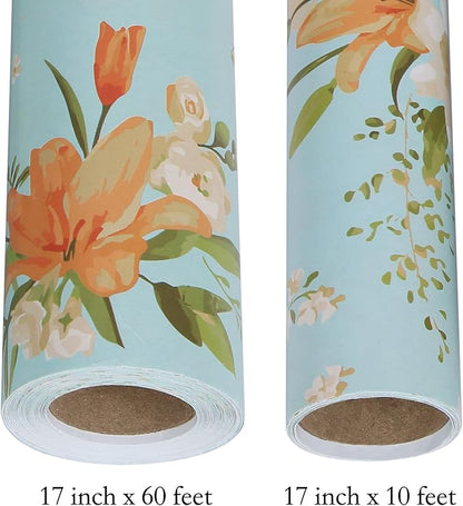 Aimyoo Blue Floral Wrapping Paper Jumbo Roll 17 in x 60 ft, Daylily Flower Gift Wrap for Wedding Birthday Bridal Shower