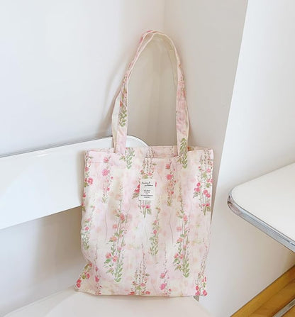 Cotton Canvas Tote Bag Reusable Soft Grocery Cloth Bag Floral Shoulder Bag for Beach Travel Shopping