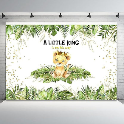 6x4ft Baby Shower Backdrop A Little King is On His Way Photography Background Lion Crown Jungle Forest Green Leaf Kid Birthday Party Banner Decorations Newborn Portrait Photo Booth Prop