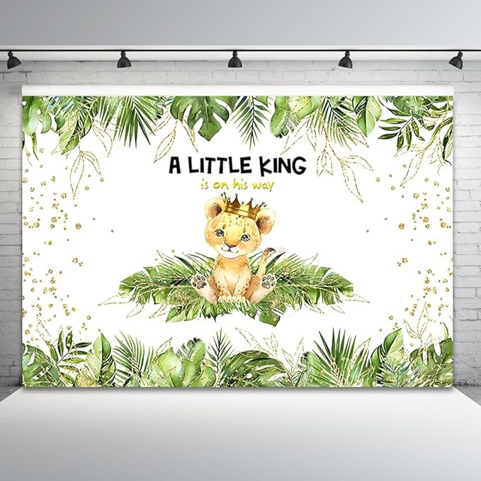 15x10ft Baby Shower Backdrop A Little King is On His Way Photography Background Lion Crown Jungle Forest Green Leaf Kid Birthday Party Banner Decorations Newborn Portrait Photo Booth Prop