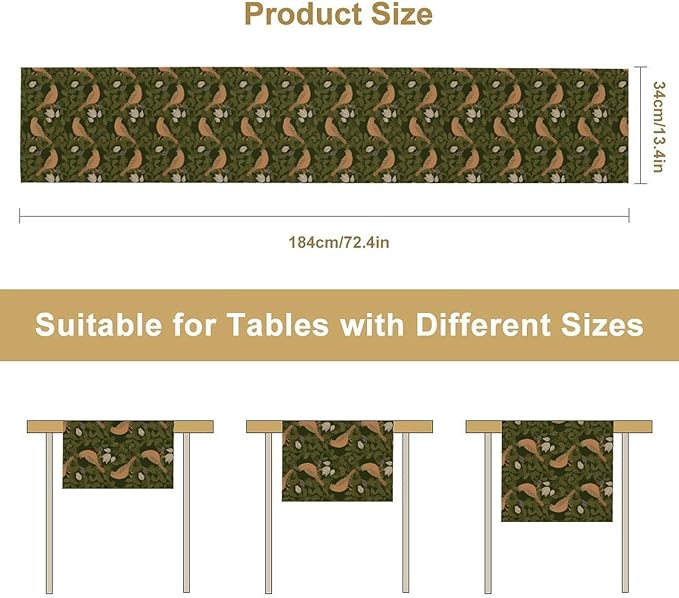 William Morris Table Runner, Vintage Green Botanical Plant Birds Retro Table Runner for Kitchen Dining Cafe Party Holiday Decoration, 13x108 Inch