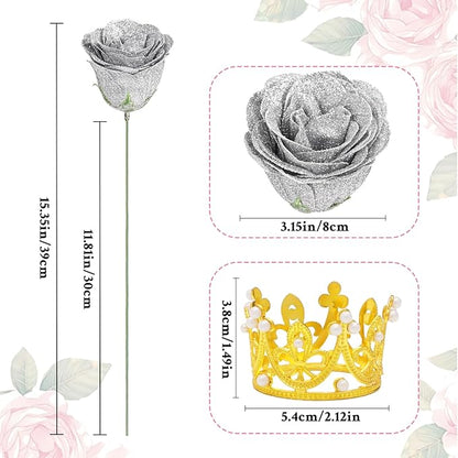 Waipfaru Glitter Roses Bouquet, DIY Fake Flowers Bouquet, Birthday Gifts for Women Mom, 24 Pcs Silver Rose for Grandma Wife Girlfriend Valentines, Mothers Day, Anniversary, Graduation