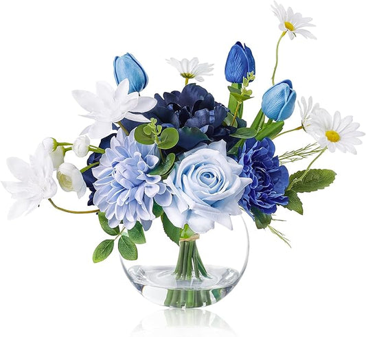 WELL KNOWN Artificial Flowers with Vase Silk Flower Arrangements in Round Bowl Vase with Faux Water for Home Table Decoration (Mixed Blue)