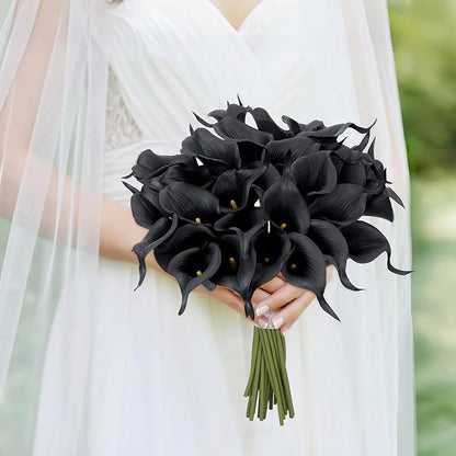 24 Pcs Black Artificial Calla Lily Flowers Fake Black Silk Flowers Real Touch for Wedding Bouquet Office Home Kitchen Decor