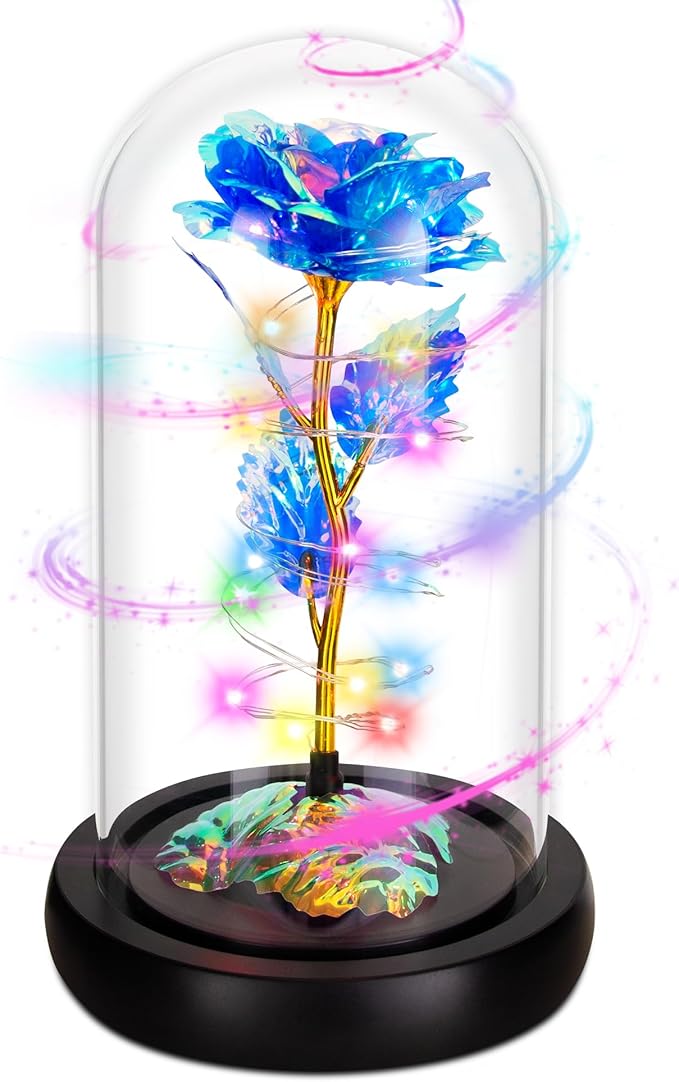 Childom Christmas Rose Gifts for Women,Birthday Gifts for Women Mom Christmas,Flowers for Delivery Prime,Rotating Blue Light Up Rose in A Glass Dome,Anniversary Rose Gift for Her Valentines Day